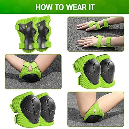 Wemfg Impact Protection Gear Set for Kids 3-8 Years | Knee, Elbow & Wrist Guards with Adjustable Straps (Green) thumbnail 4