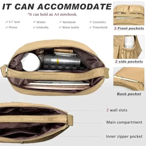 VOLGANIK ROCK Large Crossbody Purse Khaki 25.4cm (10in) | Lightweight Waterproof Nylon Travel Bag for Women thumbnail 5