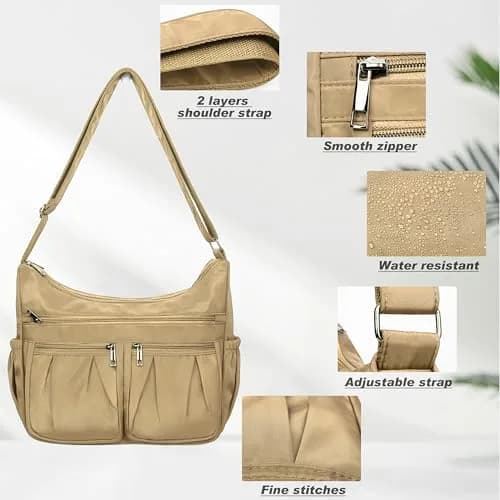 VOLGANIK ROCK Large Crossbody Purse Khaki 25.4cm (10in) | Lightweight Waterproof Nylon Travel Bag for Women thumbnail 7