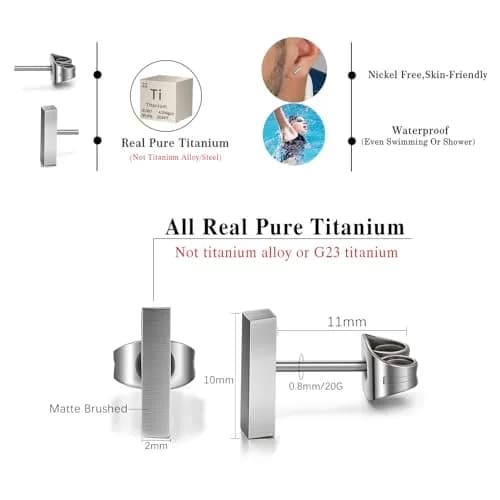 TGNEL Titanium Rectangle Bar Stud Earrings for Men & Women | 10mm (0.39in) thumbnail 5