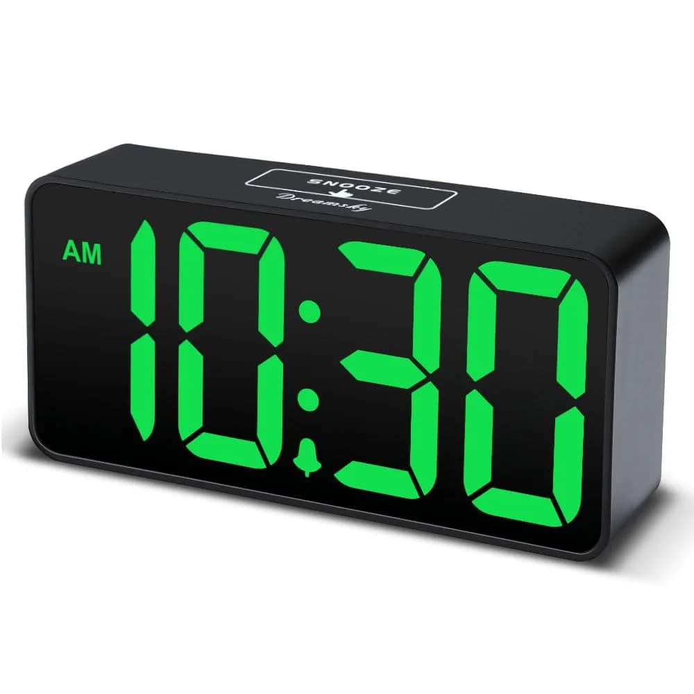 DreamSky Small Digital Alarm Clock with Large Green LED Numbers & USB Charging Port | Bedside Table Clock with Dimmer & Snooze — Black Case Green Digits
