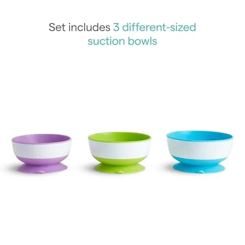Munchkin Stay Put Suction Bowls for Baby and Toddler, 3 Pack, Blue/Green/Purple | BPA-Free Silicone Feeding Bowls for Infants 6+ Months thumbnail 4