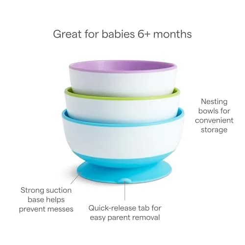 Munchkin Stay Put Suction Bowls for Baby and Toddler, 3 Pack, Blue/Green/Purple | BPA-Free Silicone Feeding Bowls for Infants 6+ Months thumbnail 6