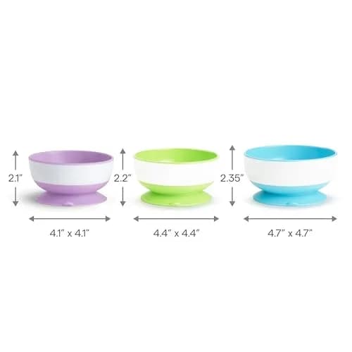 Munchkin Stay Put Suction Bowls for Baby and Toddler, 3 Pack, Blue/Green/Purple | BPA-Free Silicone Feeding Bowls for Infants 6+ Months thumbnail 7