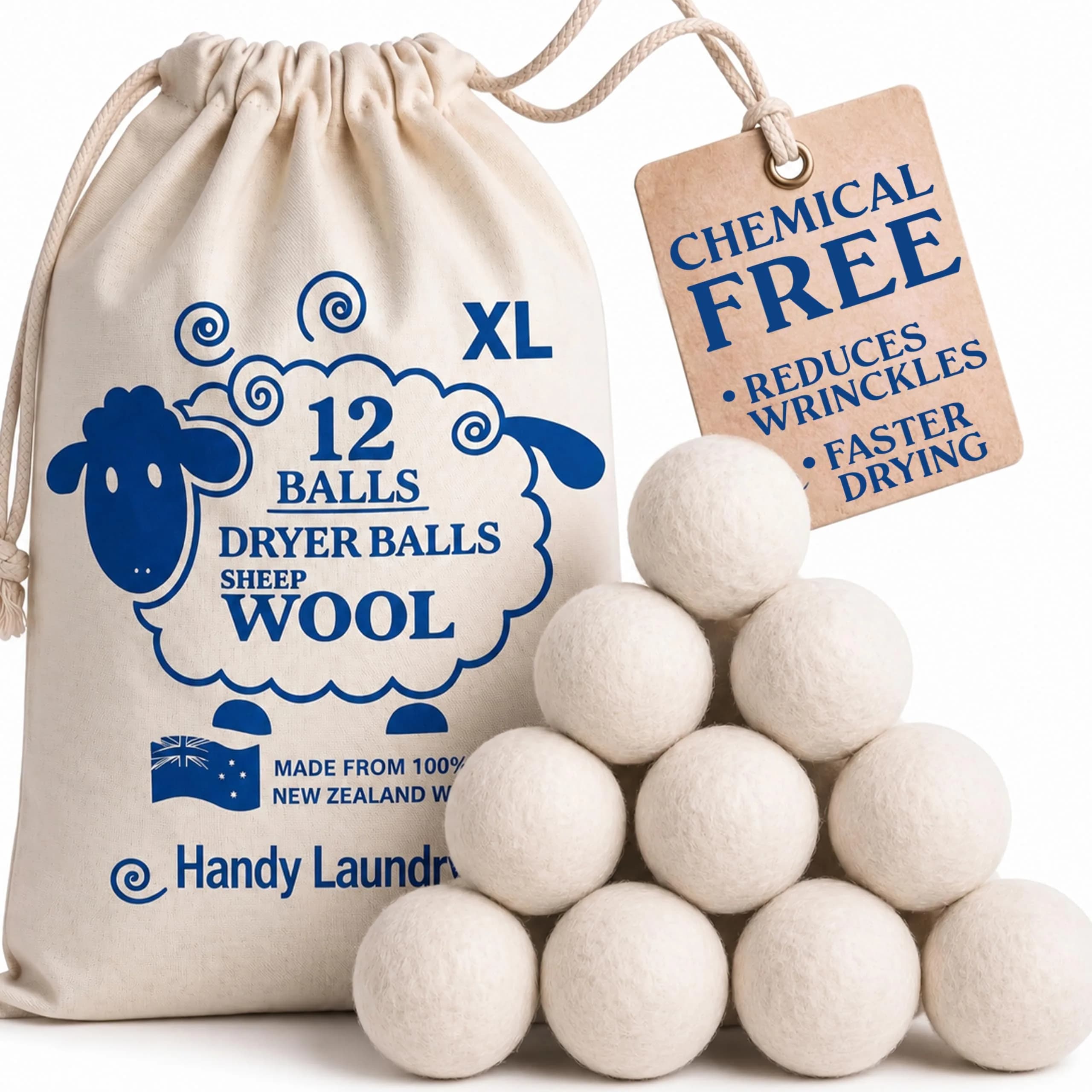 Handy Laundry Wool Dryer Balls 12-Pack, Reusable Natural Fabric Softener | 0.69 kg (1.52 lb) Pack — 12-Pack