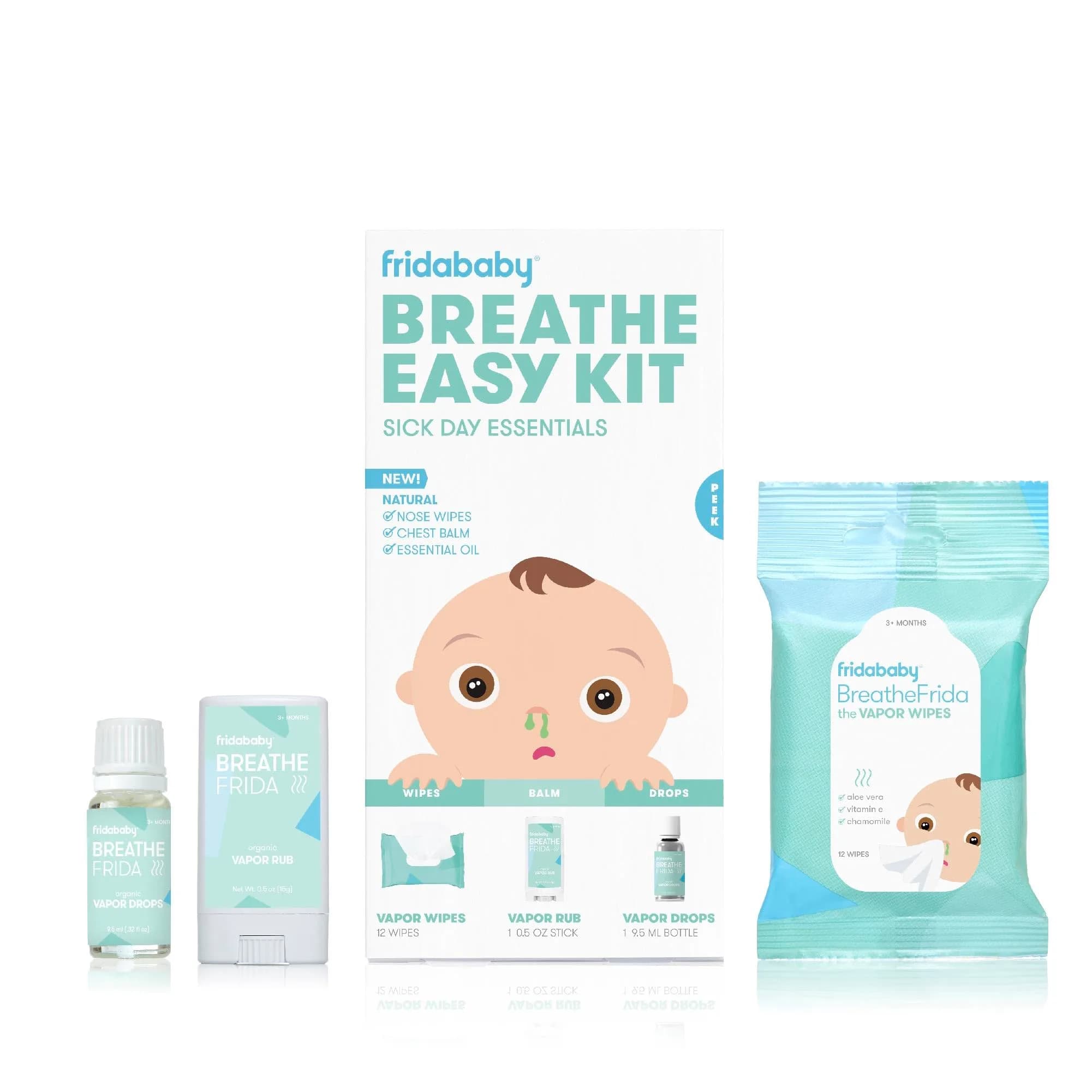 Frida Baby Breathe Easy Kit, 3-Piece Sick Day Essentials Set with Vapor Wipes, Rub & Drops | Natural Congestion Relief for Infants — 26 Piece Set