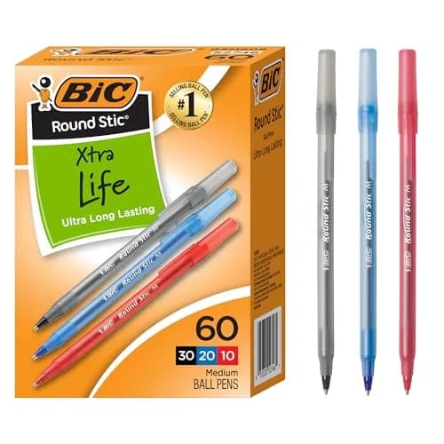 BIC Round Stic Xtra Life Ballpoint Pens, Medium Point (1.0mm), Blue, Pack of 60 (540 Count Total) | Smooth Ink Flow for Students & Office — Assorted Colors