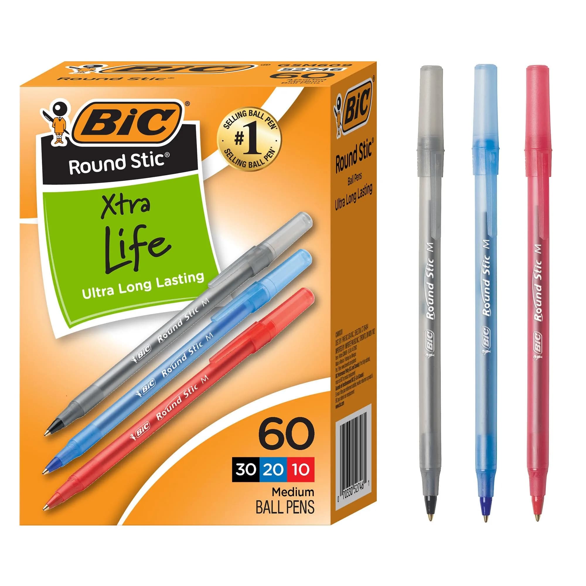 BIC Round Stic Xtra Life Ballpoint Pens, Medium Point (1.0mm), Assorted Colors, Pack of 60 - main product image