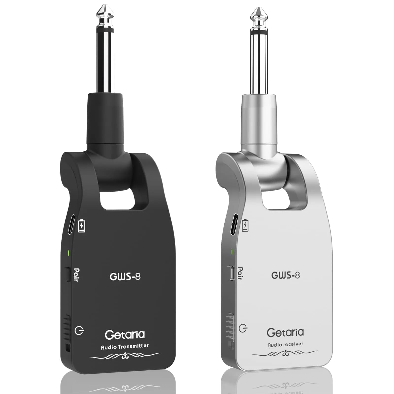 Getaria GWS-8 Wireless Guitar System Transmitter Receiver Set | 2.4GHz Uncompressed Signal, 100ft Range, Rechargeable — Black-White
