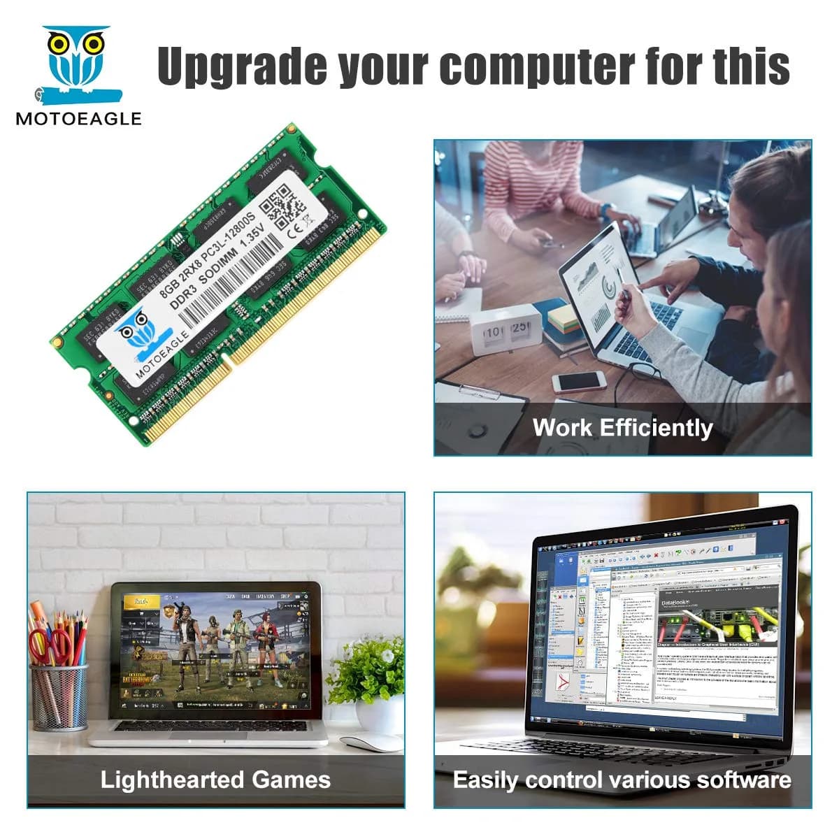motoeagle 8GB DDR3L 1600 MHz SODIMM Laptop Memory | 2Rx8 PC3L 12800S 1.35V 204-Pin - view 2