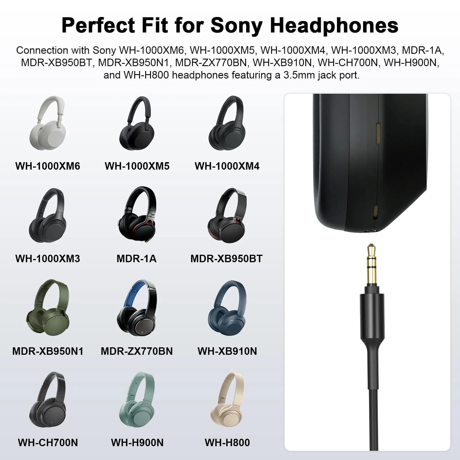 Muigiwi Replacement Headphone Audio Cable Cord Aux Wire for Sony WH-1000XM5/XM4/XM3/XM2, MDR-1000X/100ABN/1ADAC, 1.5m (4.9ft) Black - view 2