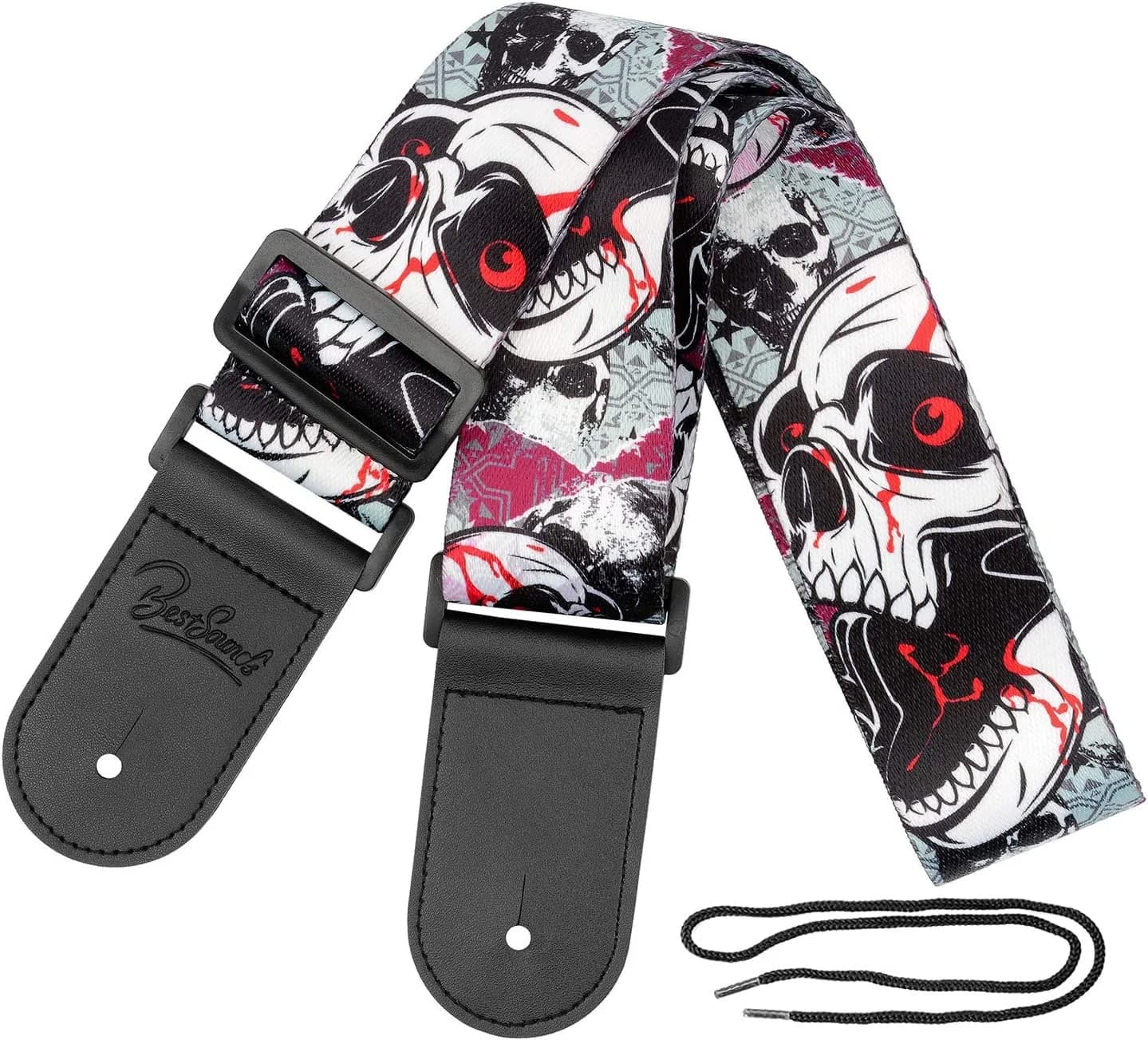 BestSounds Skull Guitar Strap & Leather Ends | Adjustable 85-150cm | Comfortable & Durable — Black Skull