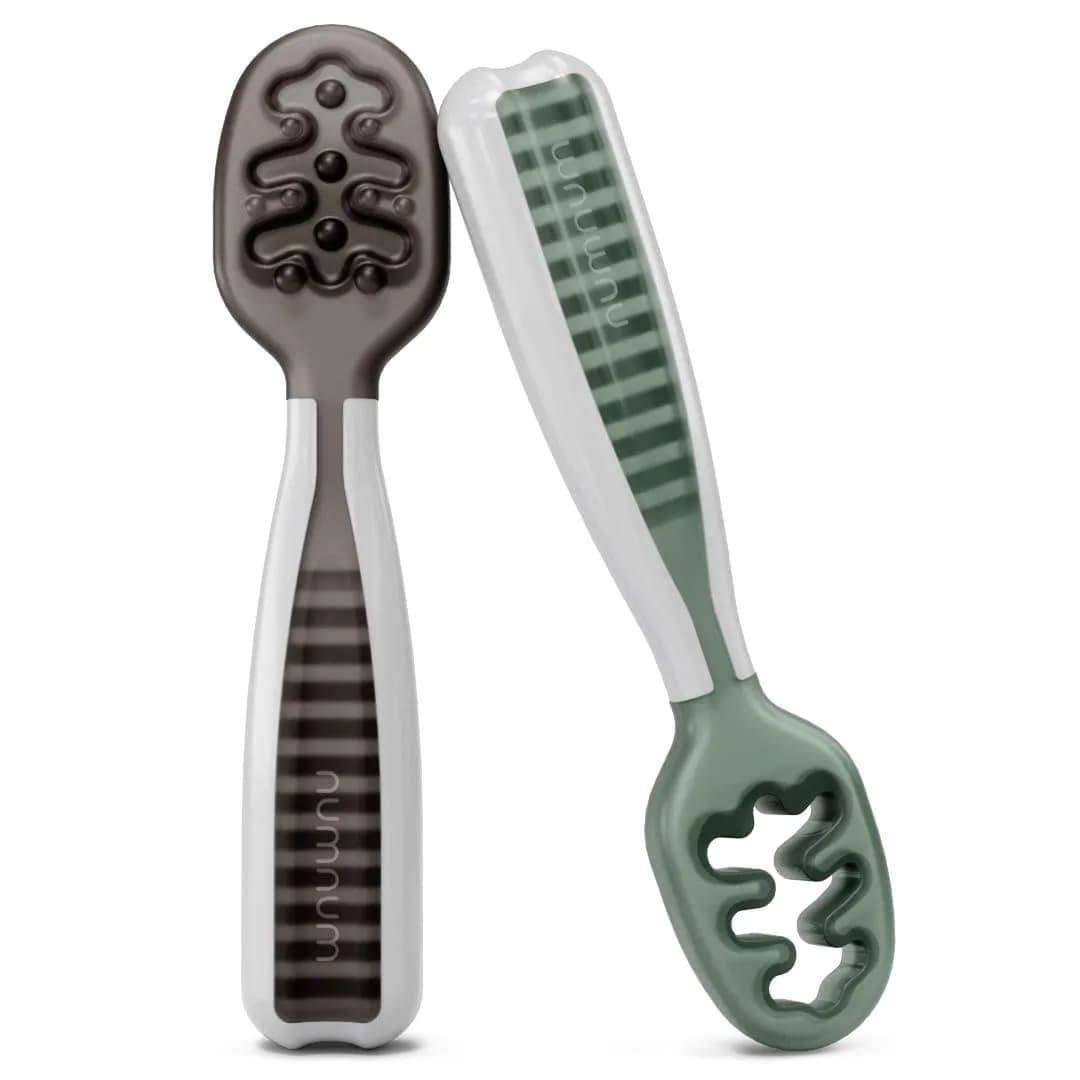 NumNum Baby Spoons Set, GOOtensils Pre-Spoon & Spoon for 6-18 Months | Easy Self-Feeding & Baby Led Weaning (2-Pack, Gray/Green) - main product image