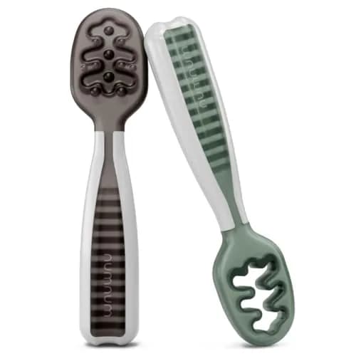 NumNum Baby Spoons Set, GOOtensils Pre-Spoon & Spoon for 6-18 Months | Easy Self-Feeding & Baby Led Weaning (2-Pack, Gray/Green) thumbnail 1