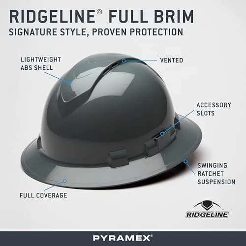 Ridgeline Full Brim Hard Hat 4 Point Ratchet Slate Gray | Vented Construction Helmet with ANSI Z89.1 Type I Class C thumbnail 5