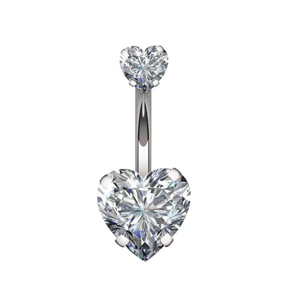 YHMM 14G Surgical Steel Belly Button Ring Double Heart Cubic Zirconia | Silver Tone, 10mm