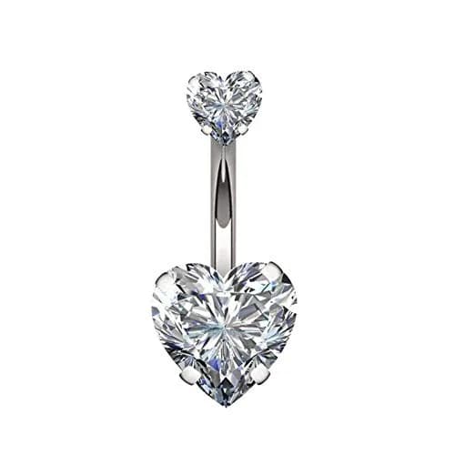YHMM 14G Surgical Steel Belly Button Ring Double Heart Cubic Zirconia | Silver Tone, 10mm thumbnail 1