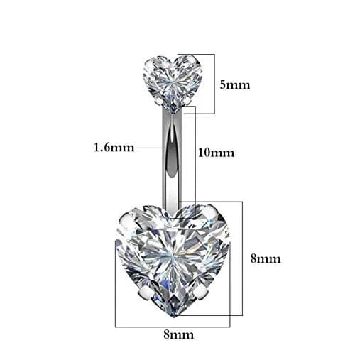 YHMM 14G Surgical Steel Belly Button Ring Double Heart Cubic Zirconia | Silver Tone, 10mm thumbnail 2