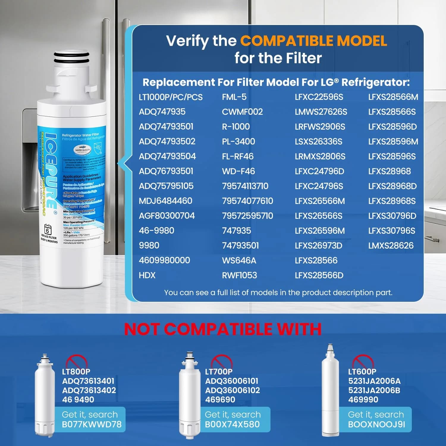 ICEPURE RWF4700AC+AF004 Combo Filter 1-Pack for LG LT1000P Water & LT120F Air | NSF Certified - view 2
