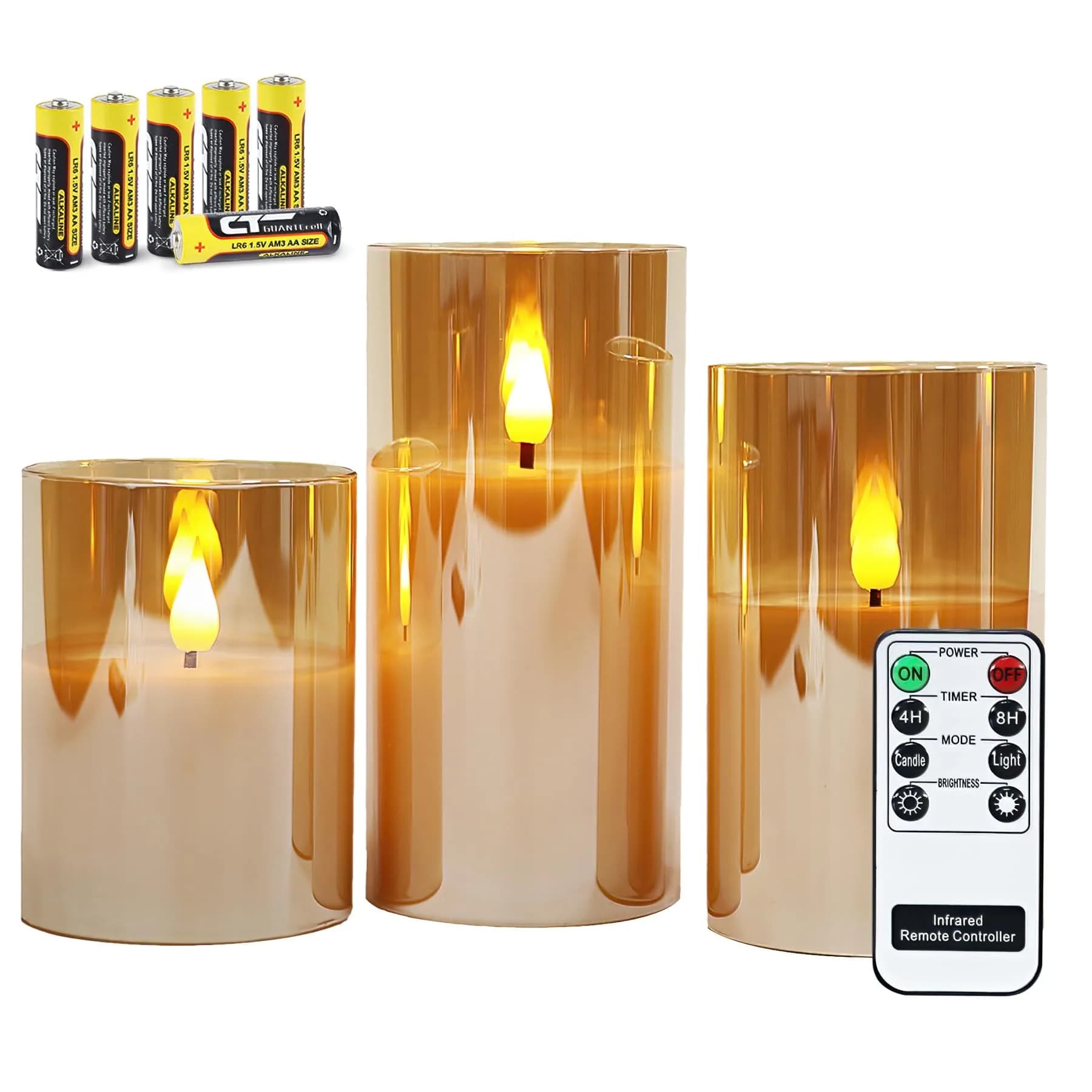 Rhytsing Gold Glass Battery Operated LED Candles with Remote, Warm White Light, Set of 3 (10cm/12.5cm/15cm) — Gold