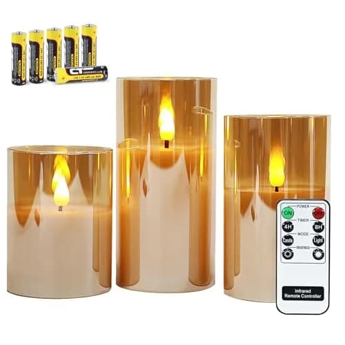 Rhytsing Gold Glass Battery Operated LED Candles with Remote, Warm White Light, Set of 3 (10cm/12.5cm/15cm) thumbnail 1