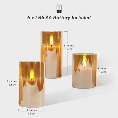 Rhytsing Gold Glass Battery Operated LED Candles with Remote, Warm White Light, Set of 3 (10cm/12.5cm/15cm) thumbnail 4