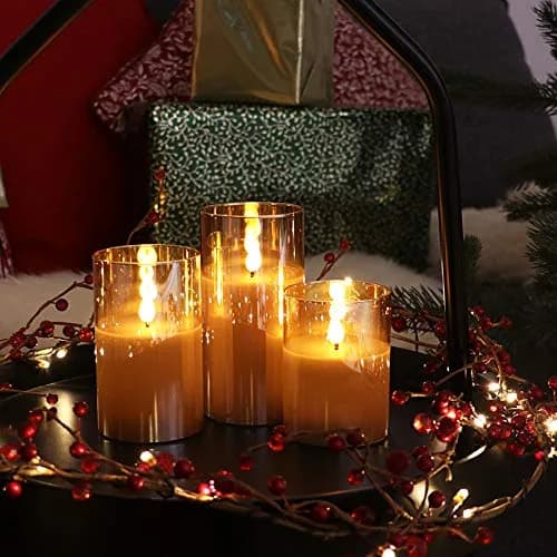 Rhytsing Gold Glass Battery Operated LED Candles with Remote, Warm White Light, Set of 3 (10cm/12.5cm/15cm) thumbnail 7