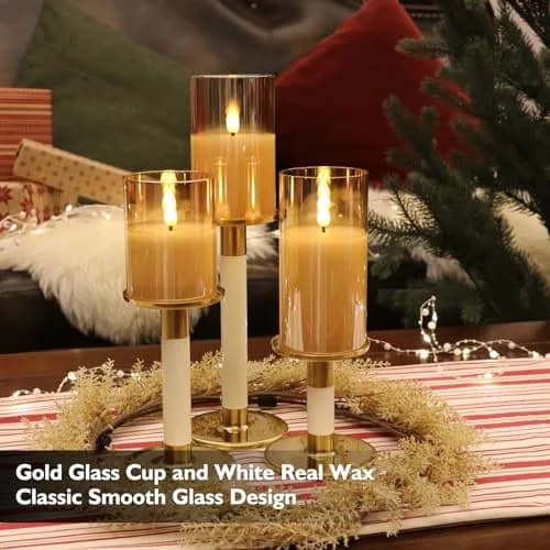 Rhytsing Gold Glass Battery Operated LED Candles with Remote, Warm White Light, Set of 3 (10cm/12.5cm/15cm) thumbnail 2
