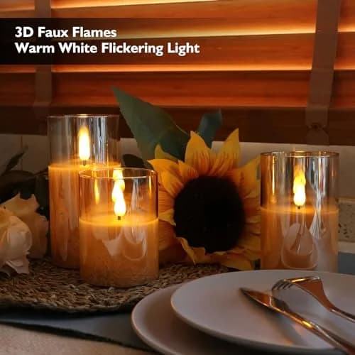 Rhytsing Gold Glass Battery Operated LED Candles with Remote, Warm White Light, Set of 3 (10cm/12.5cm/15cm) thumbnail 3