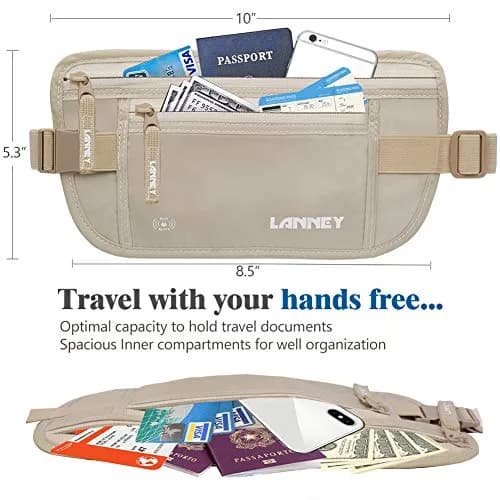 LANNEY RFID Blocking Money Belt Waist Stash Wallet 10.2"x5.5" Cream | Secure Passport Holder for Travel thumbnail 4