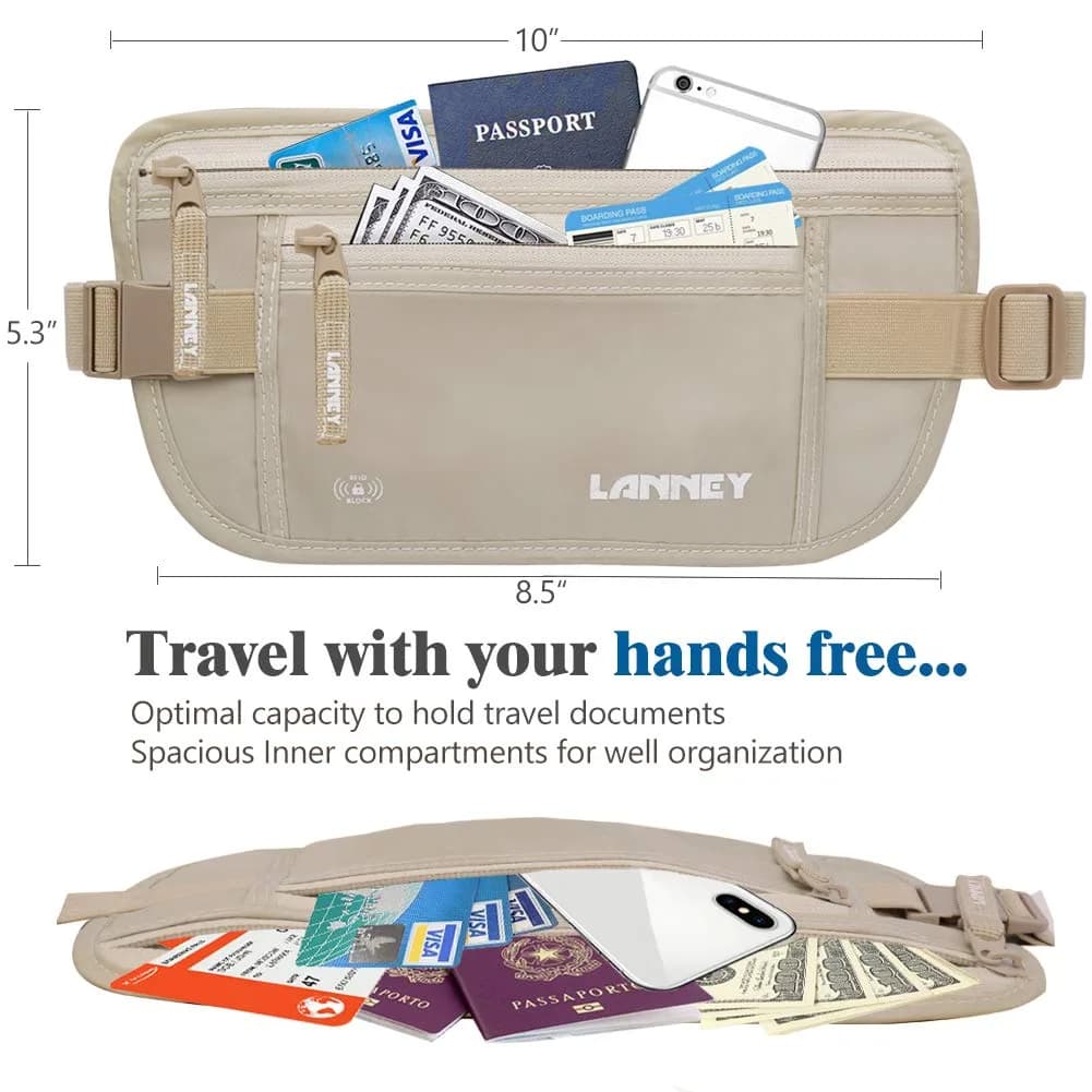 LANNEY RFID Blocking Money Belt Waist Stash Wallet 10.2"x5.5" Cream | Secure Passport Holder for Travel - view 4