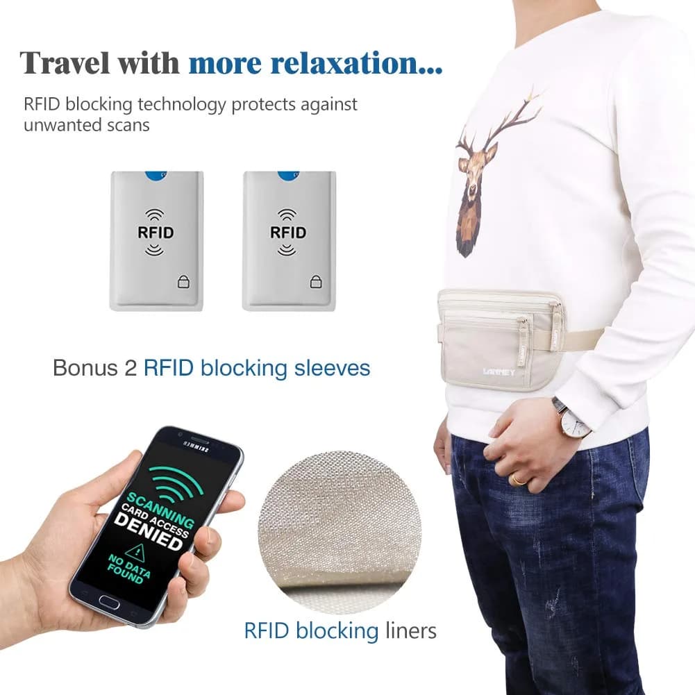 LANNEY RFID Blocking Money Belt Waist Stash Wallet 10.2"x5.5" Cream | Secure Passport Holder for Travel - view 5
