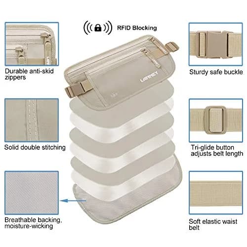 LANNEY RFID Blocking Money Belt Waist Stash Wallet 10.2"x5.5" Cream | Secure Passport Holder for Travel thumbnail 2
