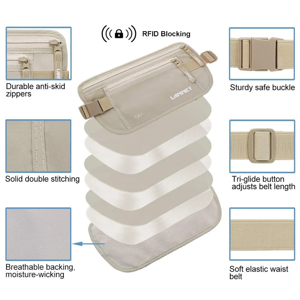 LANNEY RFID Blocking Money Belt Waist Stash Wallet 10.2"x5.5" Cream | Secure Passport Holder for Travel - view 2
