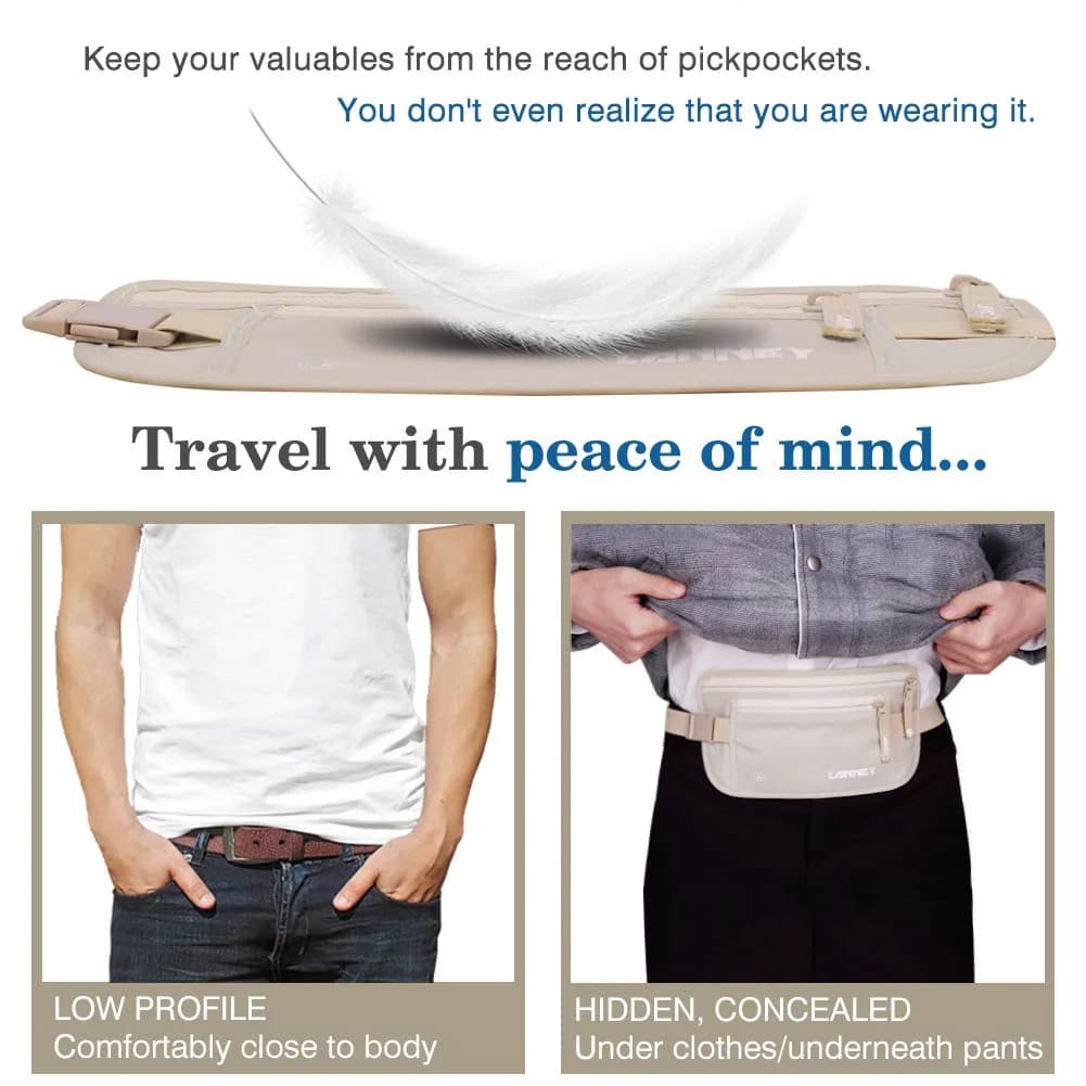 LANNEY RFID Blocking Money Belt Waist Stash Wallet 10.2"x5.5" Cream | Secure Passport Holder for Travel - view 3