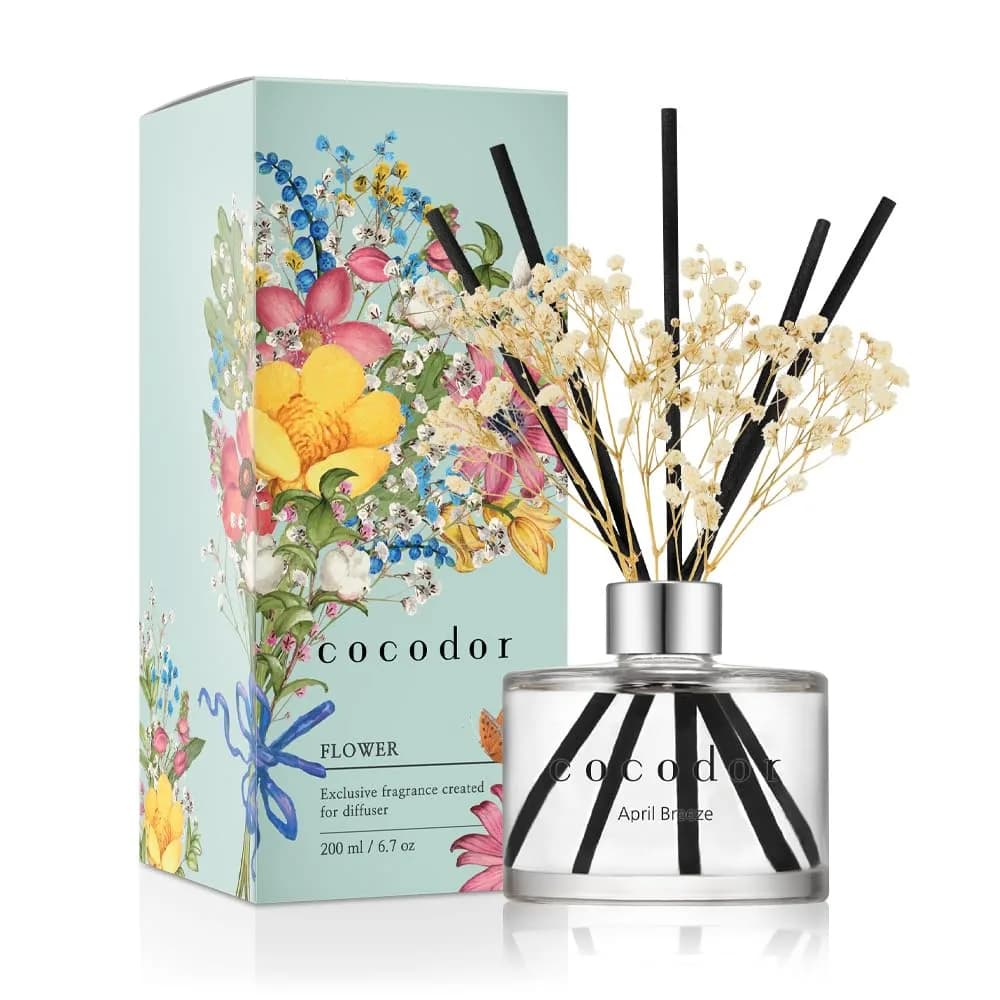 Cocod'or Reed Diffuser Set with Preserved Baby's Breath & April Breeze Scent 200ml (6.7oz) | Long-Lasting Home Fragrance