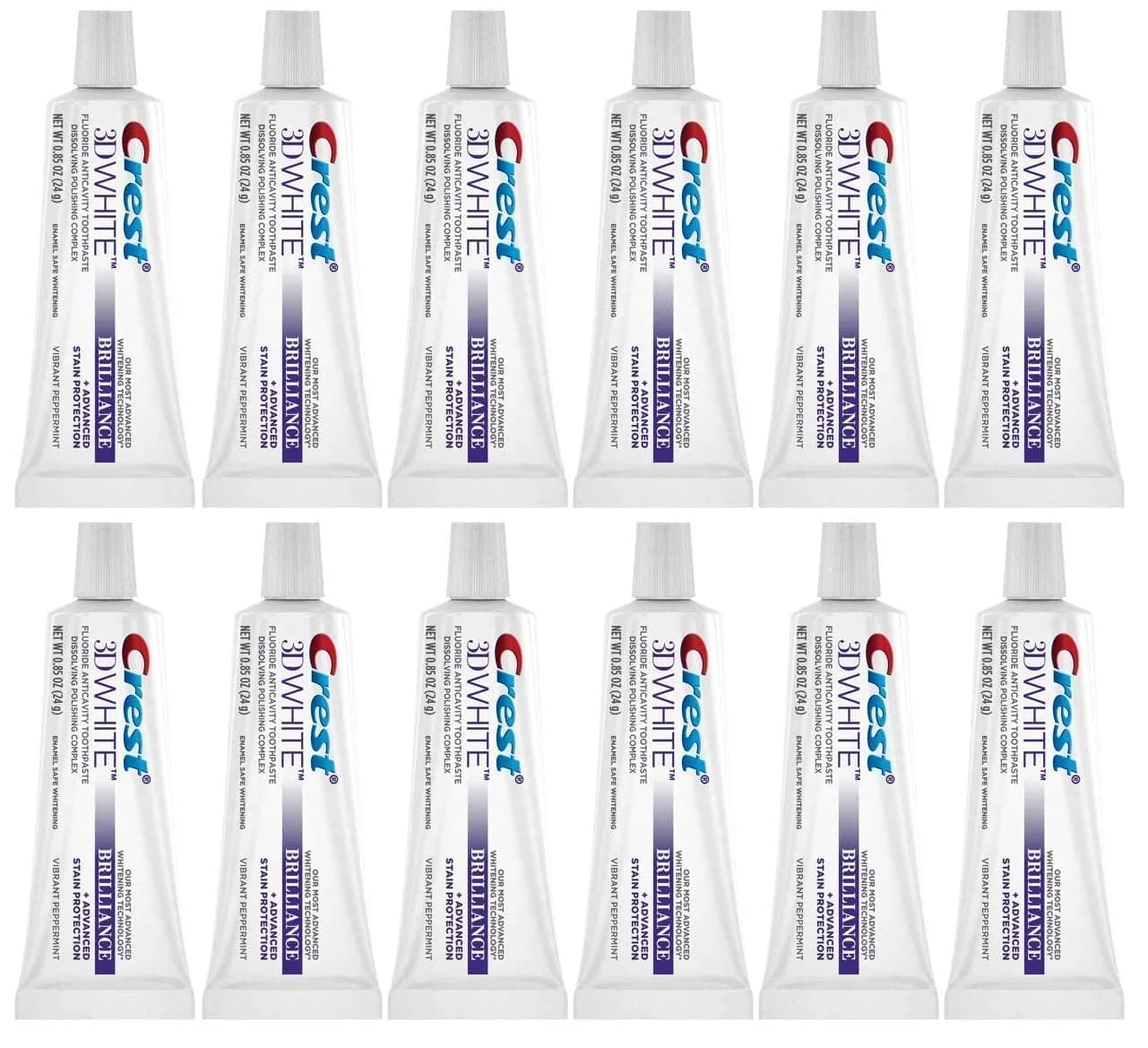 Crest 3D White Brilliance Toothpaste Vibrant Peppermint 24g (0.85 oz) Pack of 12 | Strengthens Enamel & Protects Against Cavities - main product image