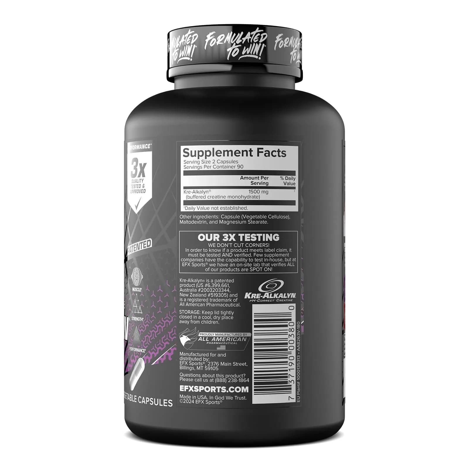 EFX Sports Kre-Alkalyn EFX pH-Correct Creatine Monohydrate Pill Supplement 180 Veggie Capsules | Vegan Friendly Strength & Muscle Growth - view 9