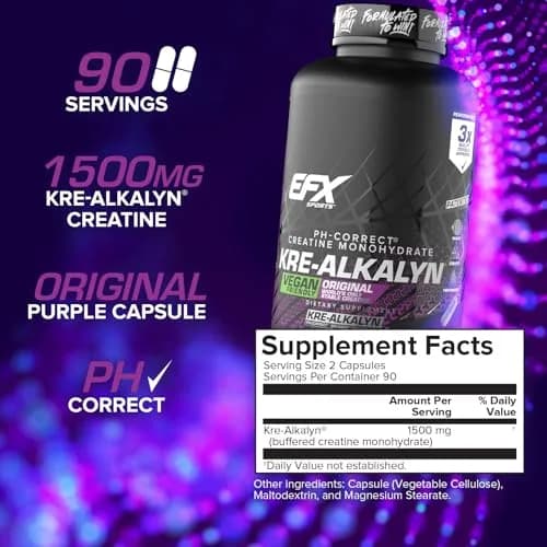 EFX Sports Kre-Alkalyn EFX pH-Correct Creatine Monohydrate Pill Supplement 180 Veggie Capsules | Vegan Friendly Strength & Muscle Growth thumbnail 3