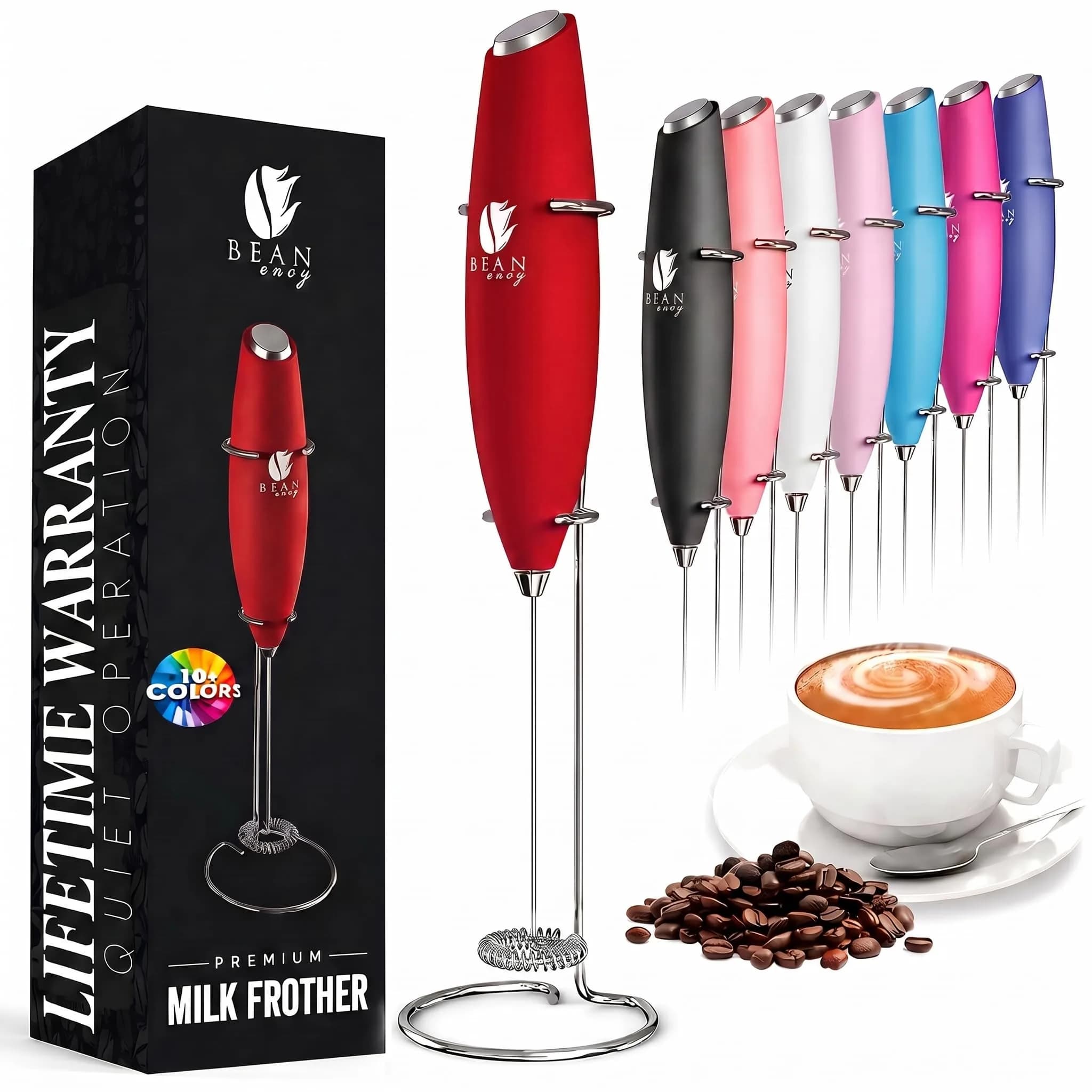 Bean Envy Red Milk Frother Handheld Wand with Stand | Powerful 19,000 RPM Motor for Creamy Foam