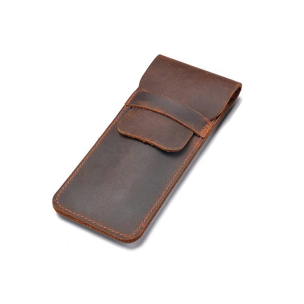 Daimay Handmade Crazy Horse Leather Pen Case Holder with Flap Cover, Brown | 16cm x 7cm - main product image