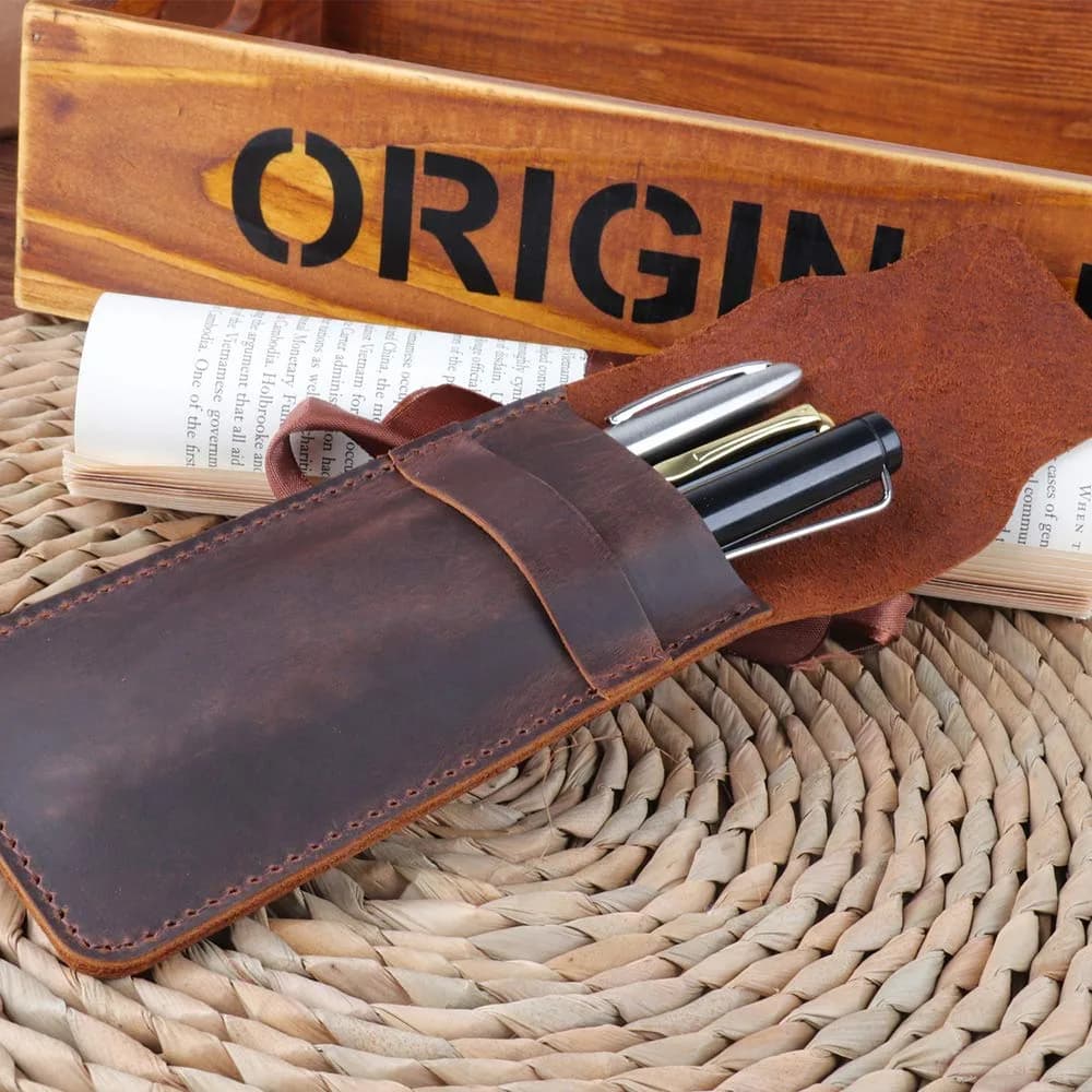 Daimay Handmade Crazy Horse Leather Pen Case Holder with Flap Cover, Brown | 16cm x 7cm - view 6
