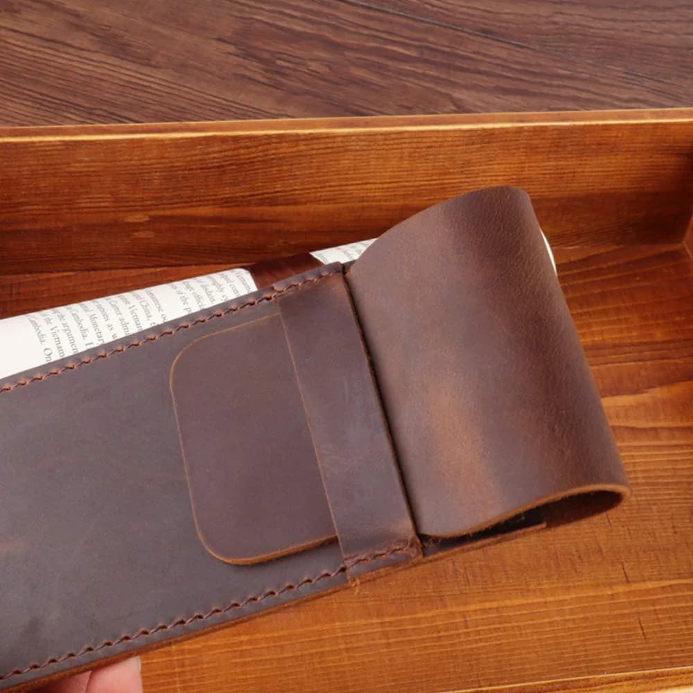 Daimay Handmade Crazy Horse Leather Pen Case Holder with Flap Cover, Brown | 16cm x 7cm - view 7