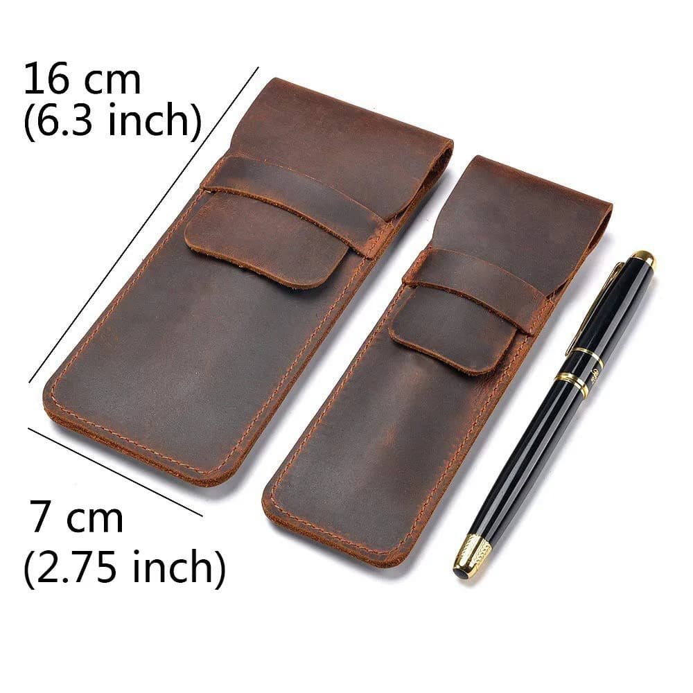 Daimay Handmade Crazy Horse Leather Pen Case Holder with Flap Cover, Brown | 16cm x 7cm - view 2