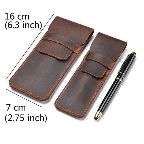 Daimay Handmade Crazy Horse Leather Pen Case Holder with Flap Cover, Brown | 16cm x 7cm thumbnail 2