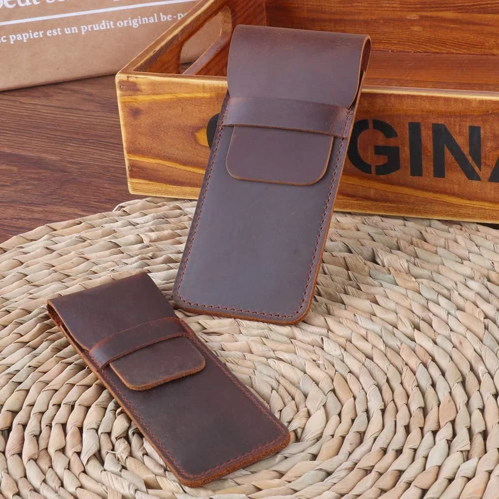 Daimay Handmade Crazy Horse Leather Pen Case Holder with Flap Cover, Brown | 16cm x 7cm - view 3