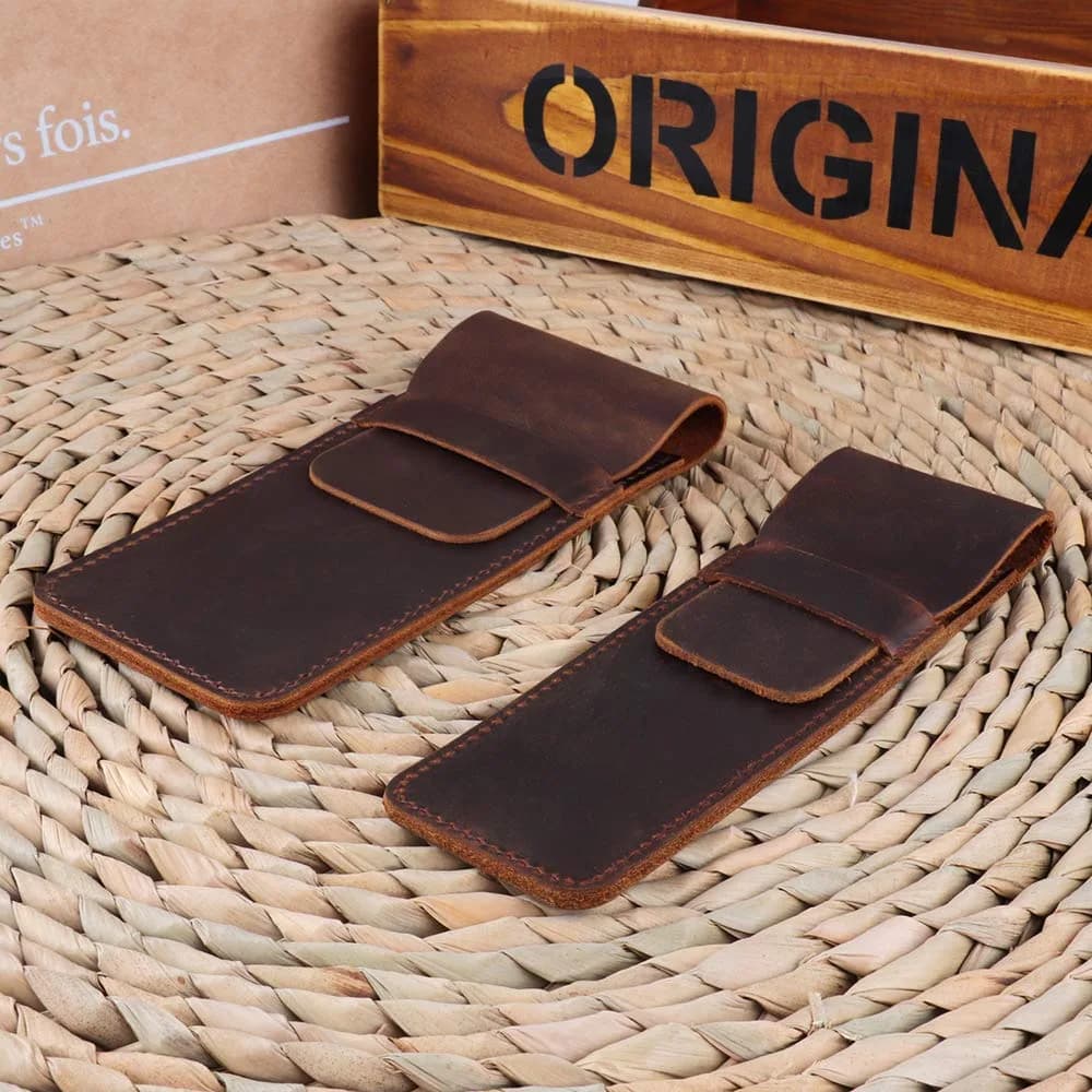 Daimay Handmade Crazy Horse Leather Pen Case Holder with Flap Cover, Brown | 16cm x 7cm - view 4