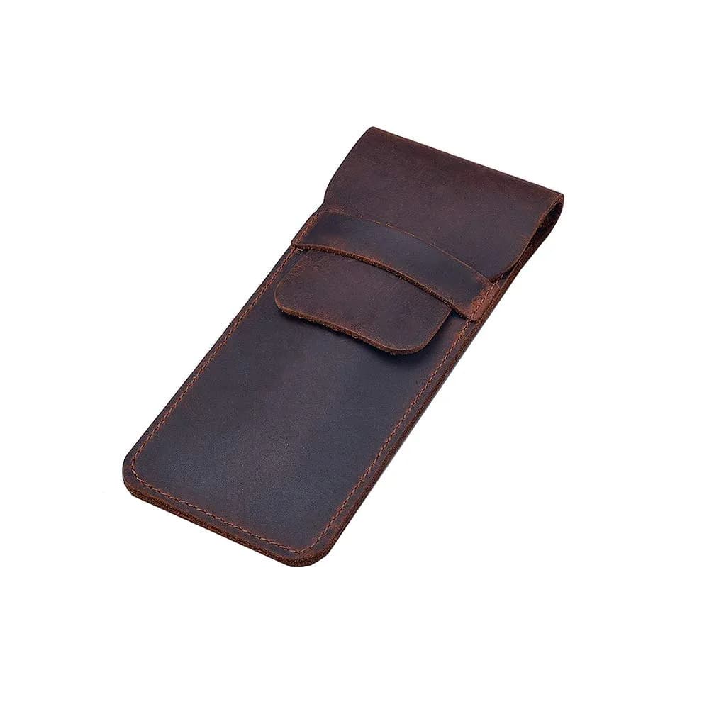 Daimay Black Leather Pen Holder Pouch | Handmade Crazy Horse Leather Pen Sleeve — Dark Brown