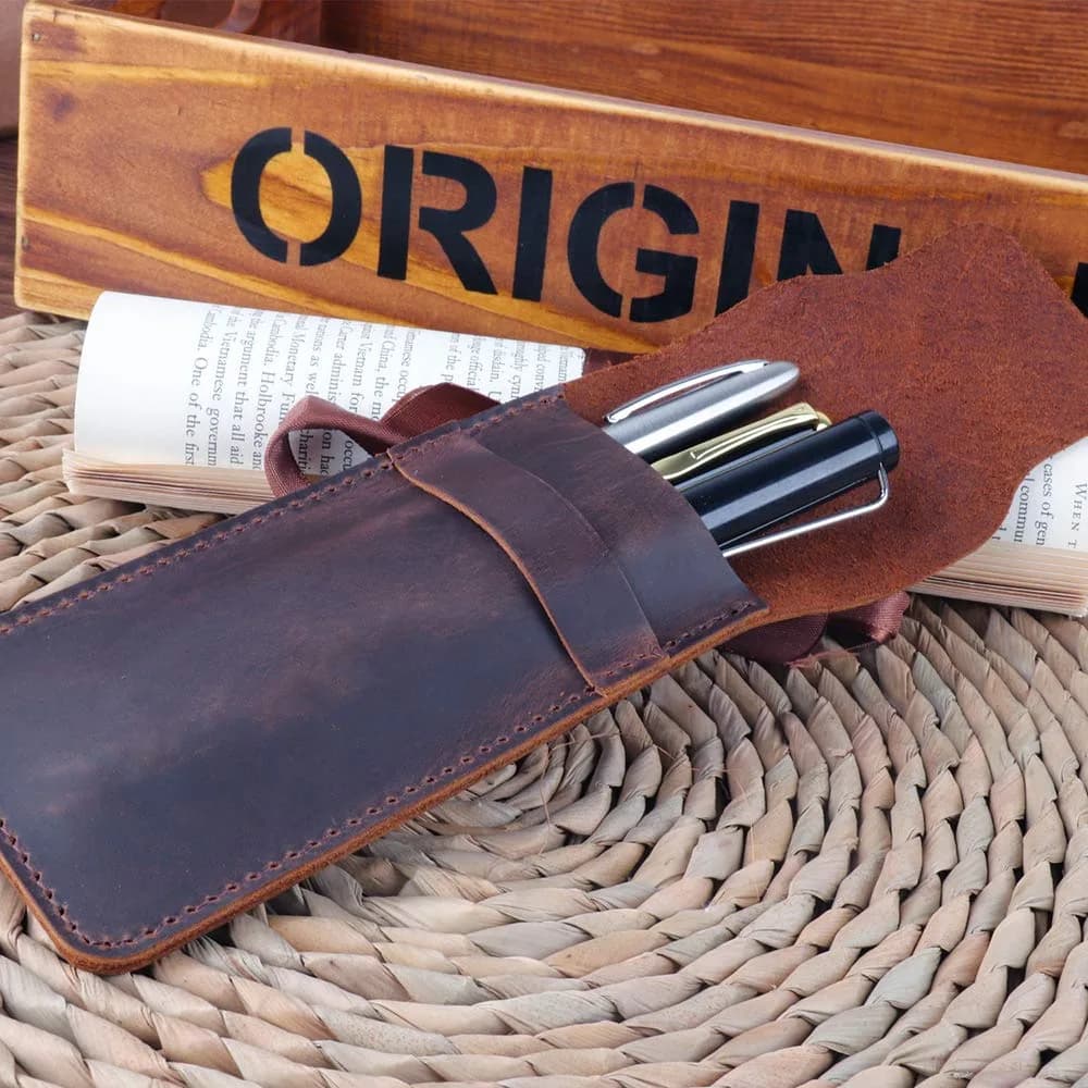 Daimay Handmade Crazy Horse Leather Pen Case Holder | 16cm x 7cm (6.3 x 2.2 inch) - view 6