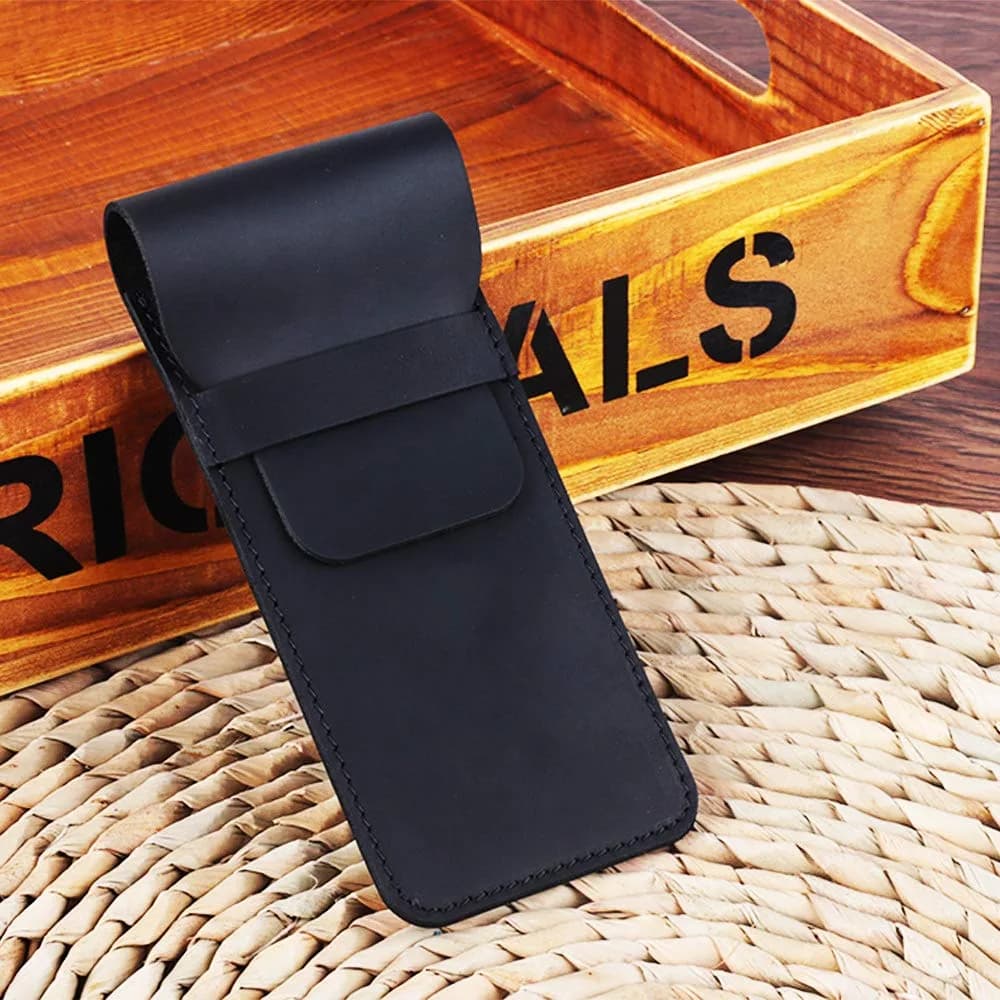 Daimay Black Leather Pen Holder Pouch | Handmade Crazy Horse Leather Pen Sleeve - view 3